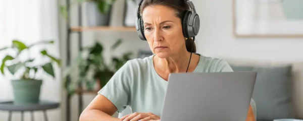 Femme quadragénaire concentrée pendant sa session d'apprentissage d'anglais avec casque audio