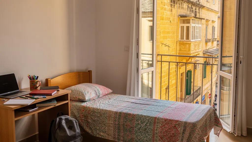 Chambre d'hébergement étudiant lumineuse avec vue sur rue maltaise