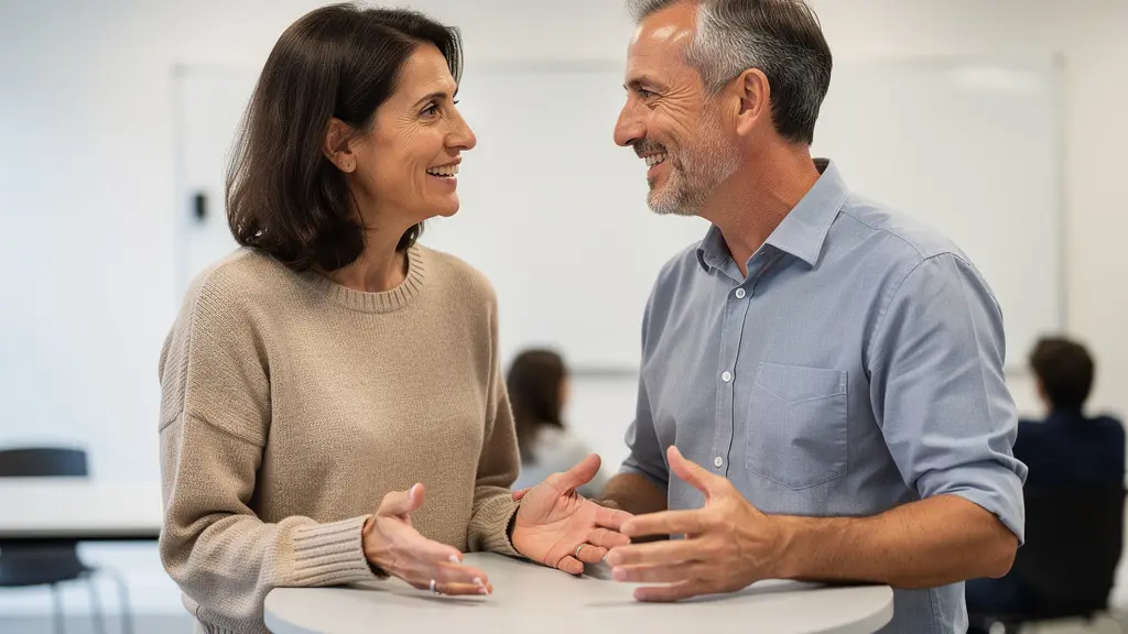 Deux adultes en conversation animée pendant un cours d'anglais collectif