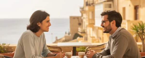 Étudiants adultes en séjour linguistique discutant sur une terrasse ensoleillée à Malte
