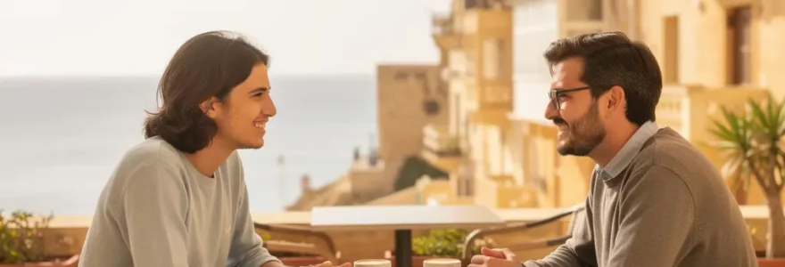 Étudiants adultes en séjour linguistique discutant sur une terrasse ensoleillée à Malte