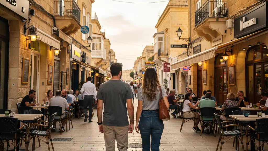 Rue piétonne de Saint Julian's avec terrasses et architecture maltaise