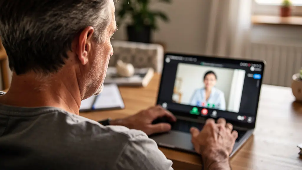 Adulte en visioconférence pour son cours d'anglais depuis son domicile